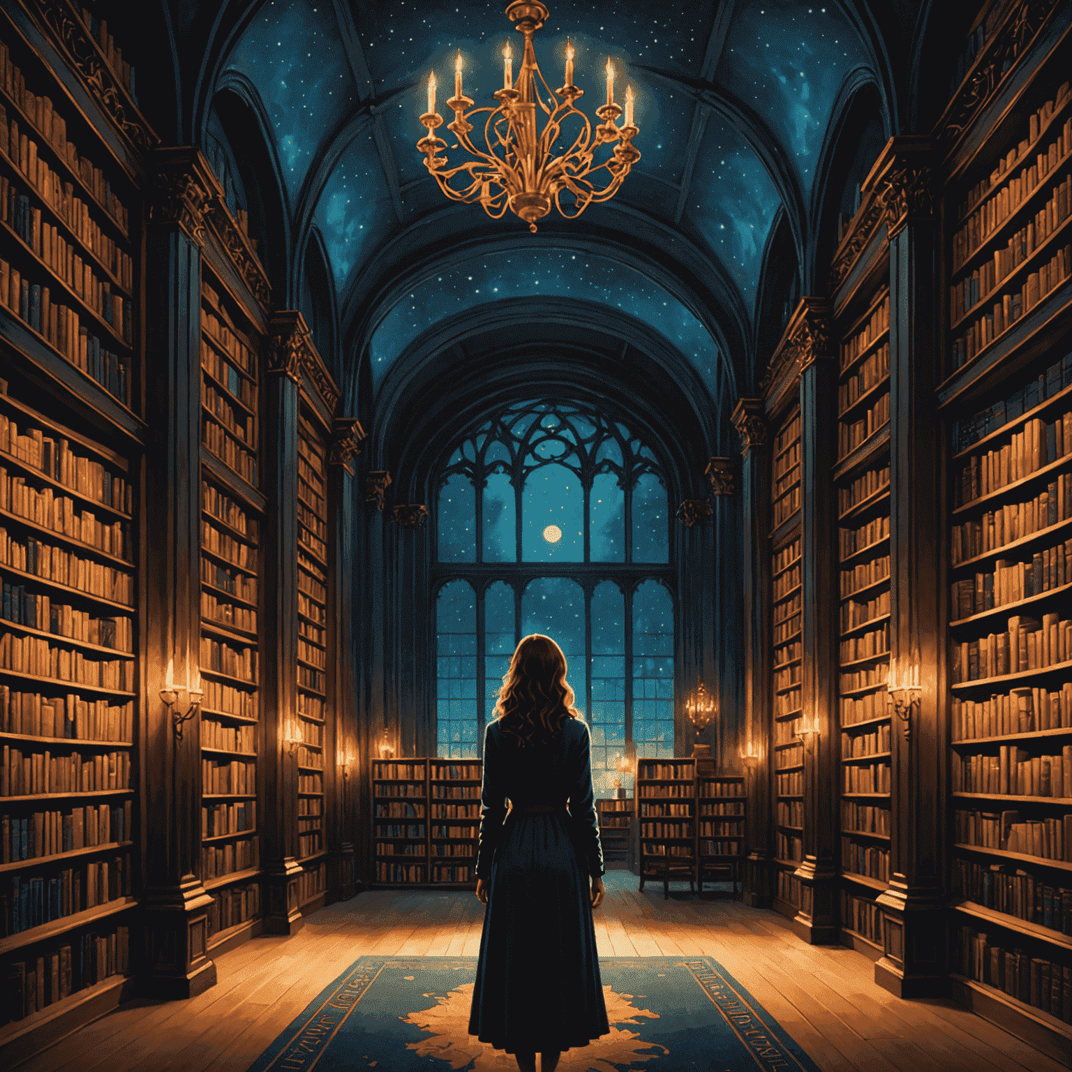 Cover of 'The Midnight Library' by Matt Haig - A woman standing in front of a vast library with glowing bookshelves