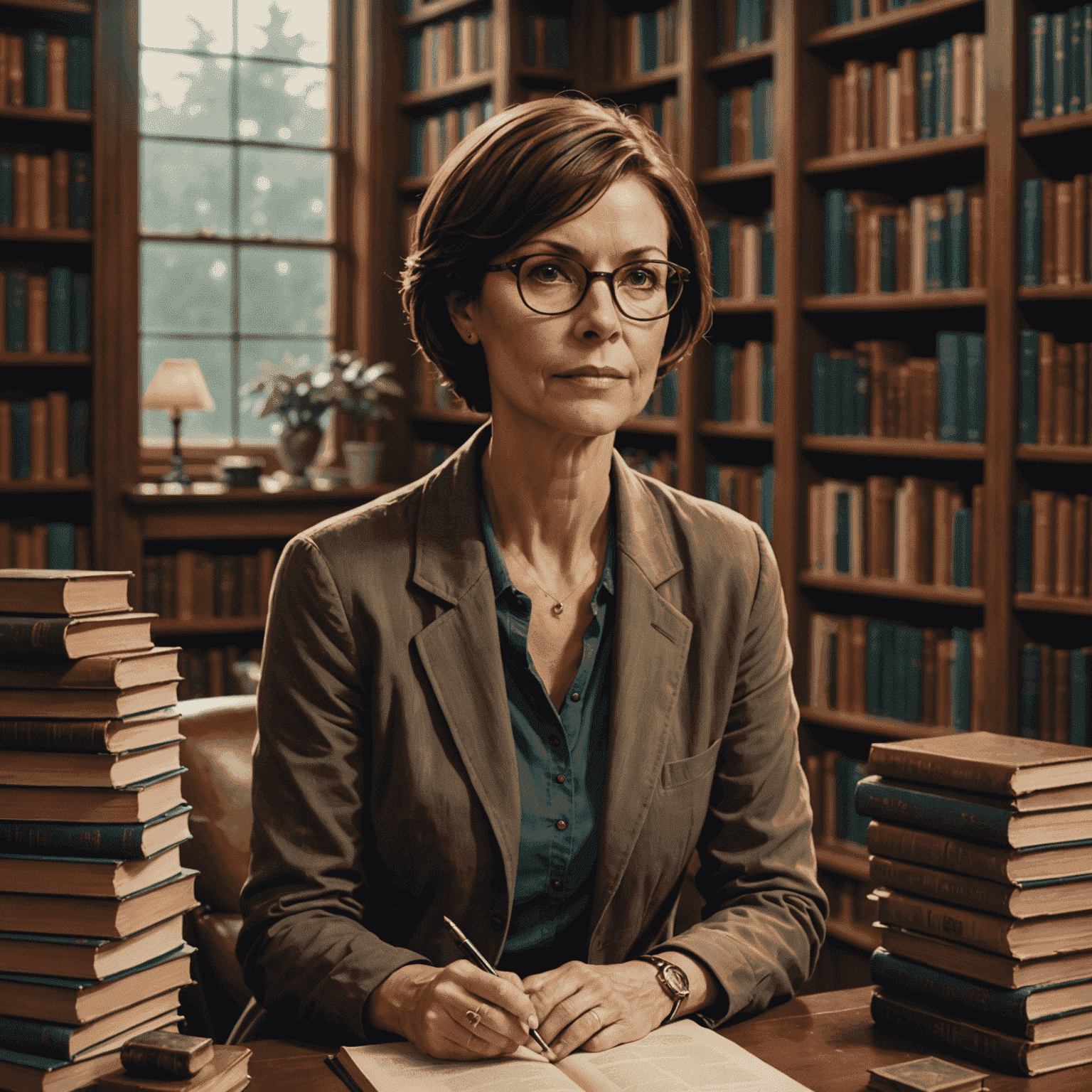 Jane Doe, a middle-aged woman with short brown hair and glasses, sitting in a cozy library surrounded by books