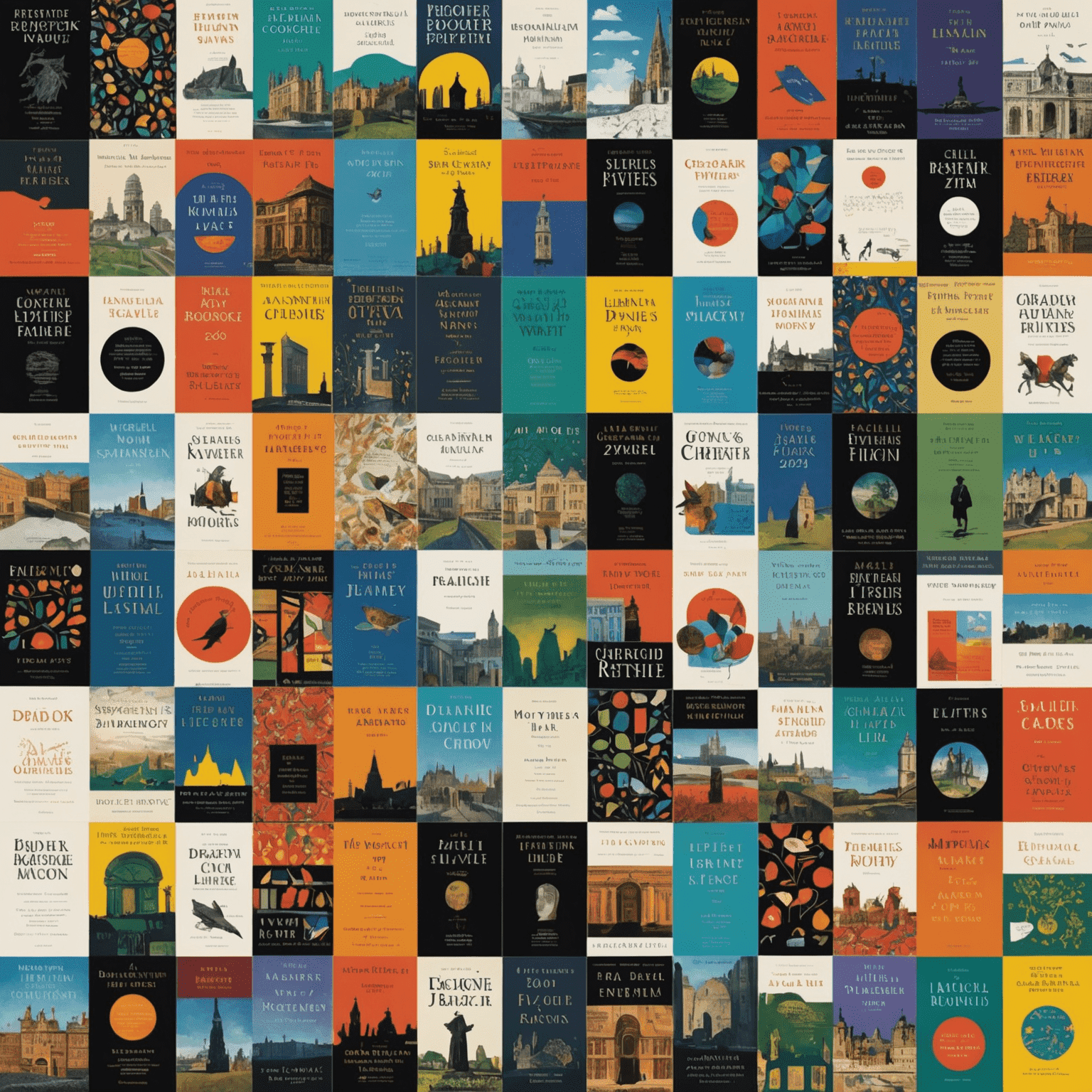A collage of book covers from the Booker Prize 2024 shortlist, arranged in a visually striking pattern against a backdrop of a grand library