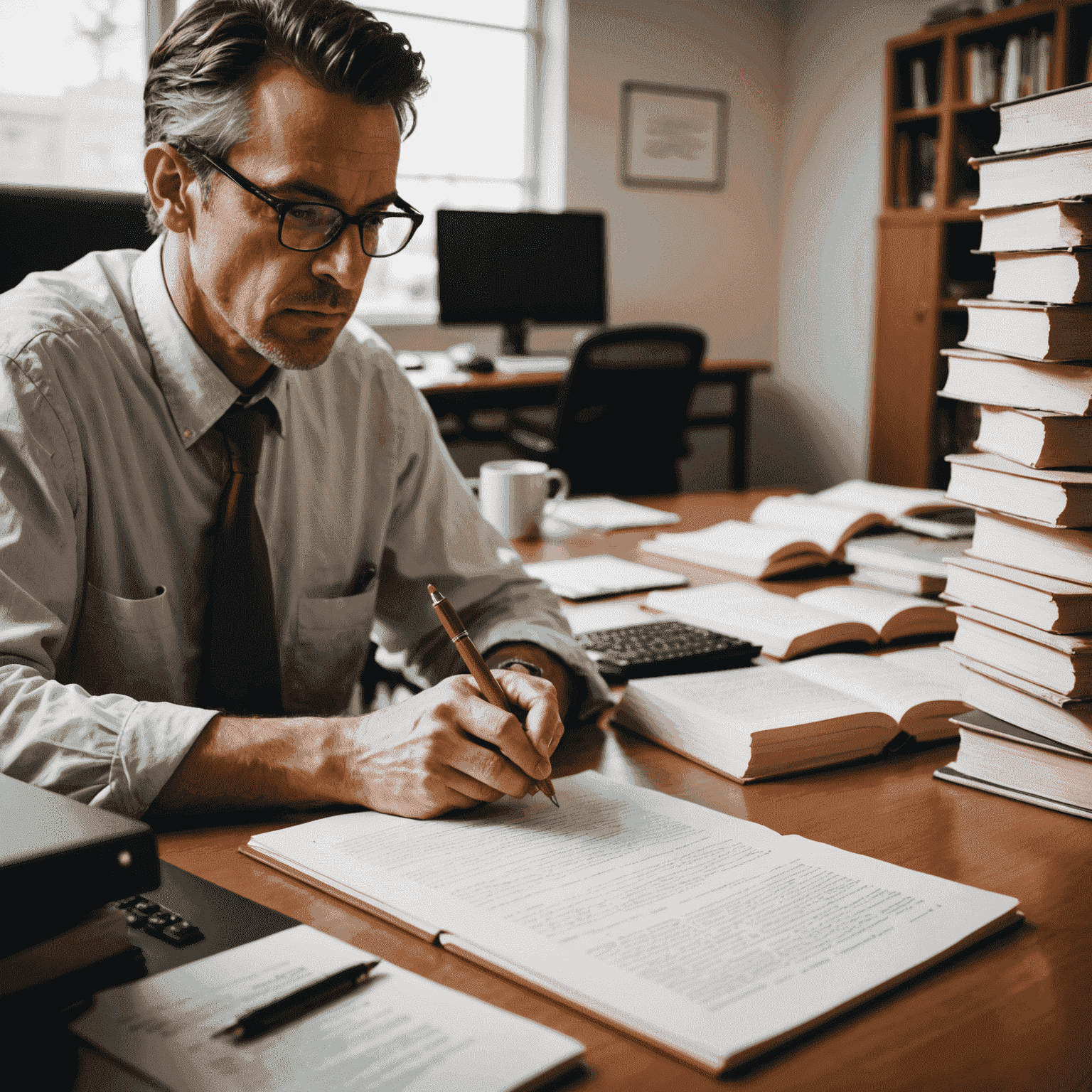 A professional editor reviewing a manuscript, making corrections with a red pen. Stacks of books and a computer in the background.