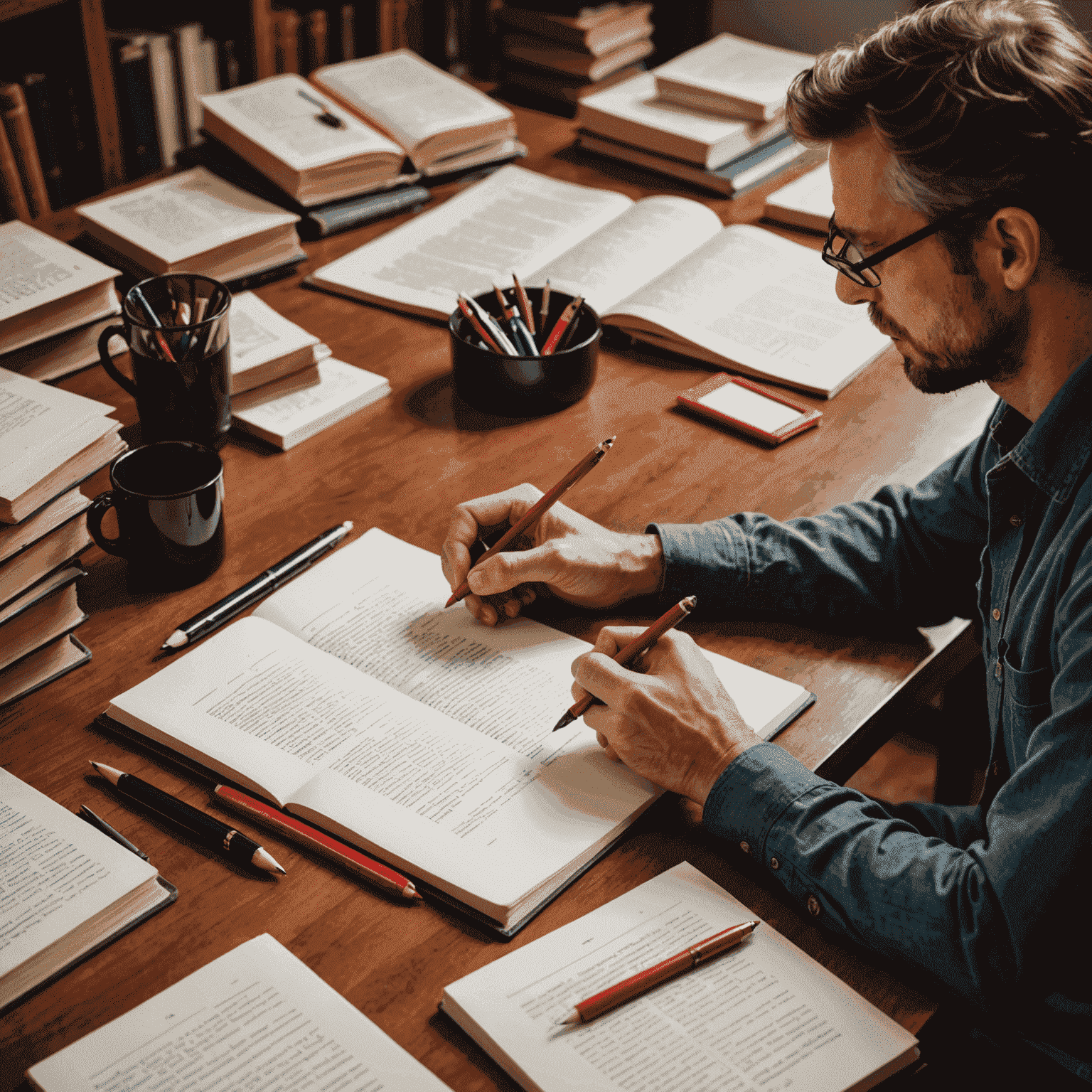 A professional editor working on a manuscript, surrounded by books and using a red pen to make corrections. The image conveys a sense of expertise and attention to detail.