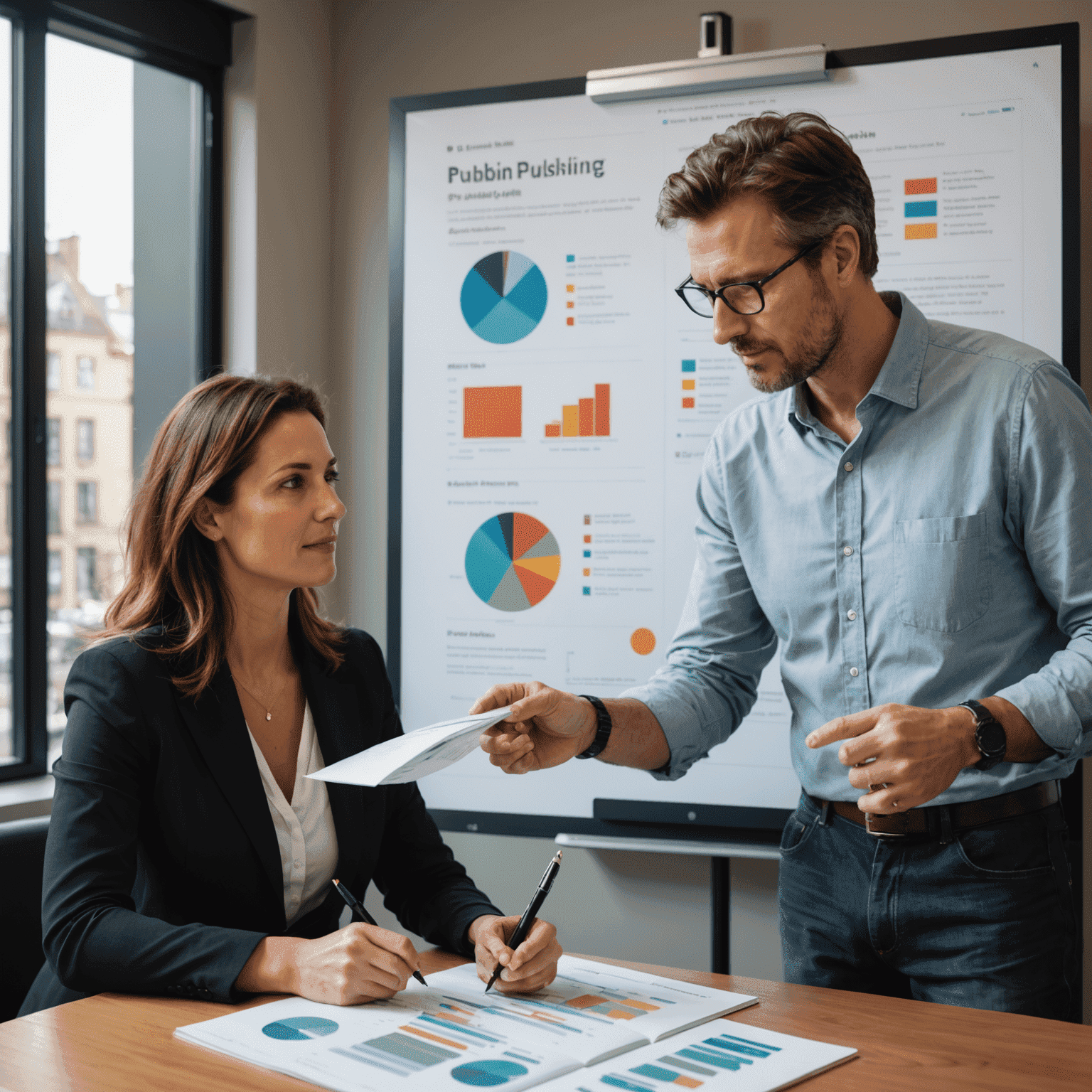 A professional consultant discussing publishing options with an author, pointing at a chart showing different publishing paths