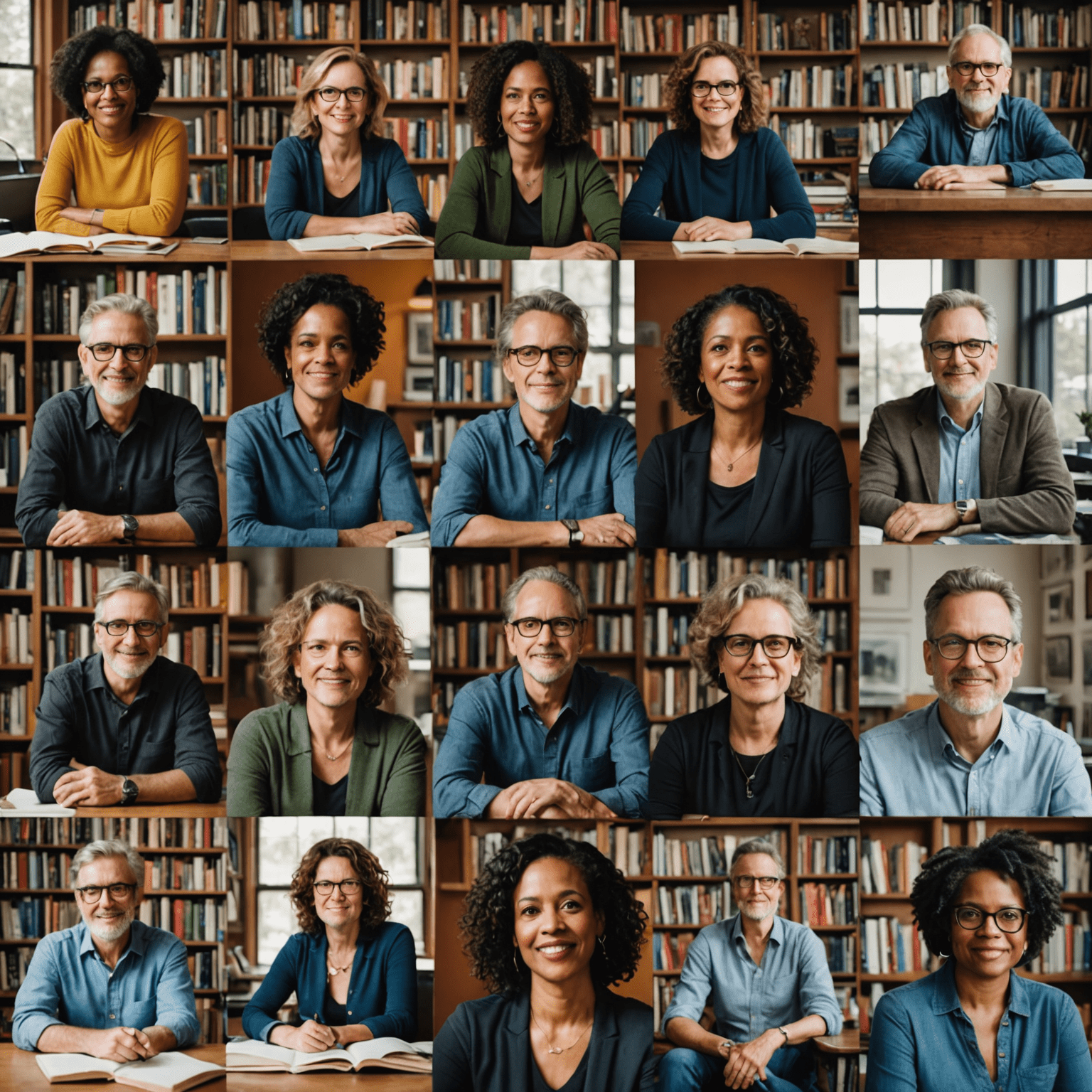 A montage of author portraits, showing diverse writers in their creative spaces