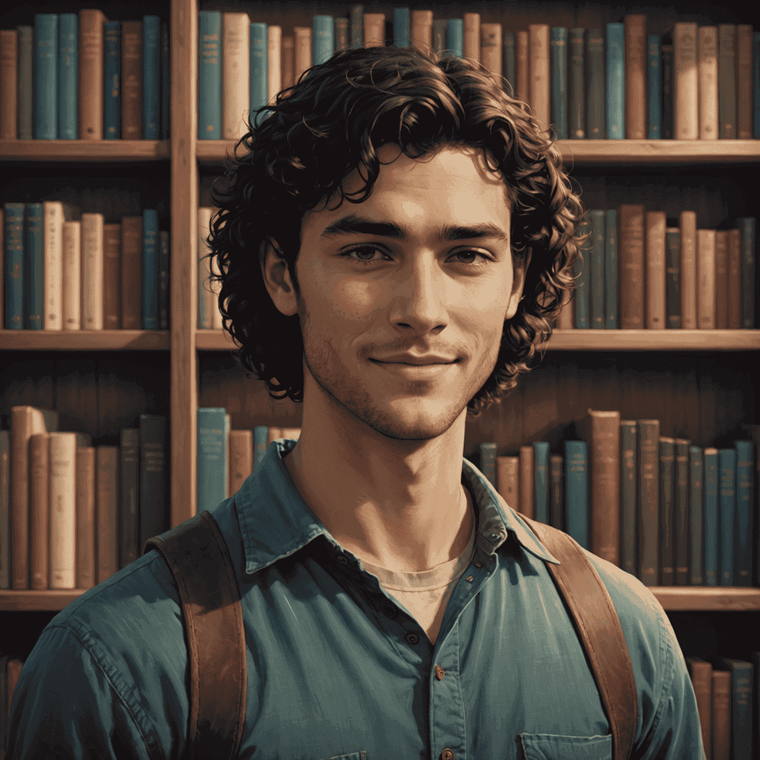 John Smith, a young man in his late twenties with curly black hair and a friendly smile, standing in front of a bookshelf