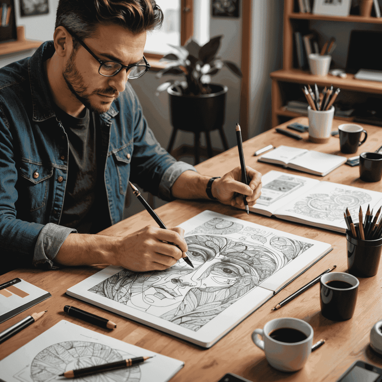 A graphic designer working on a book cover design, with various artistic tools and a tablet displaying cover mockups.