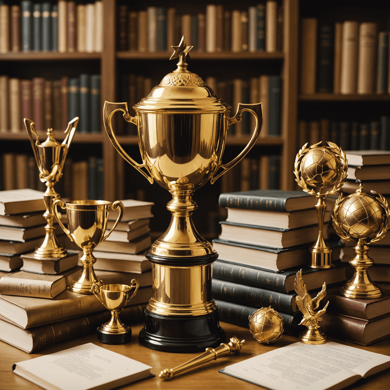 A golden trophy surrounded by various book awards and medals, symbolizing literary achievements