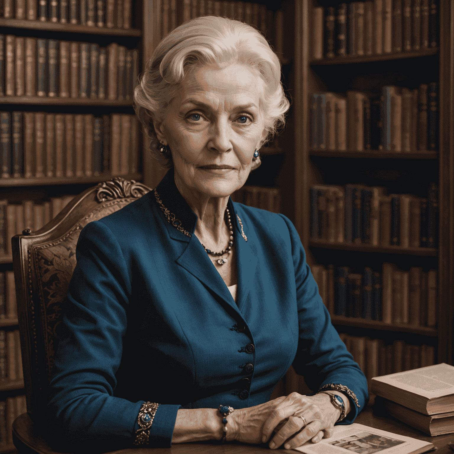 Margaret Johnson, an elegant elderly woman with silver hair and piercing blue eyes, sitting in a grand study with floor-to-ceiling bookshelves