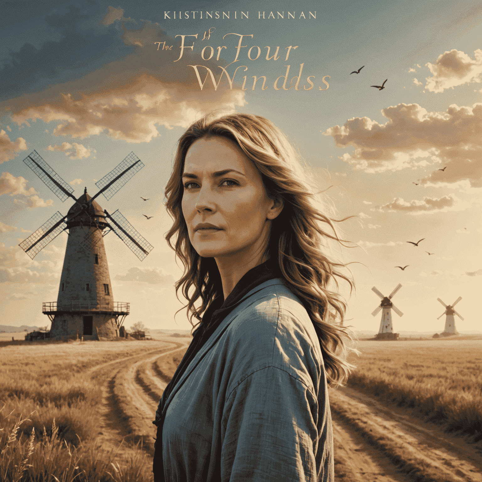 Cover of 'The Four Winds' by Kristin Hannah - A woman standing in a dusty field with a windmill in the background