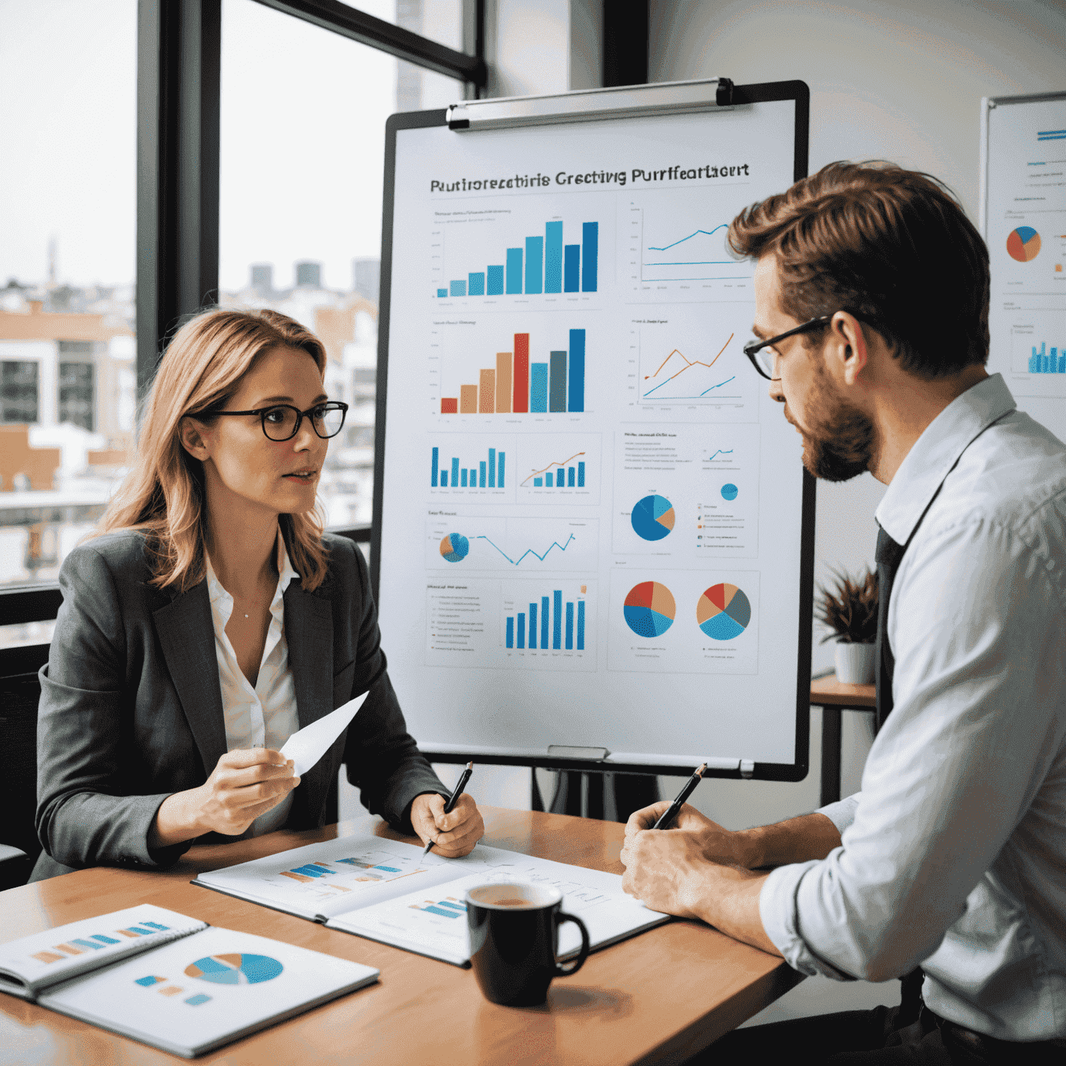 A publishing consultant meeting with an author, discussing various publishing options with charts and graphs on a whiteboard.