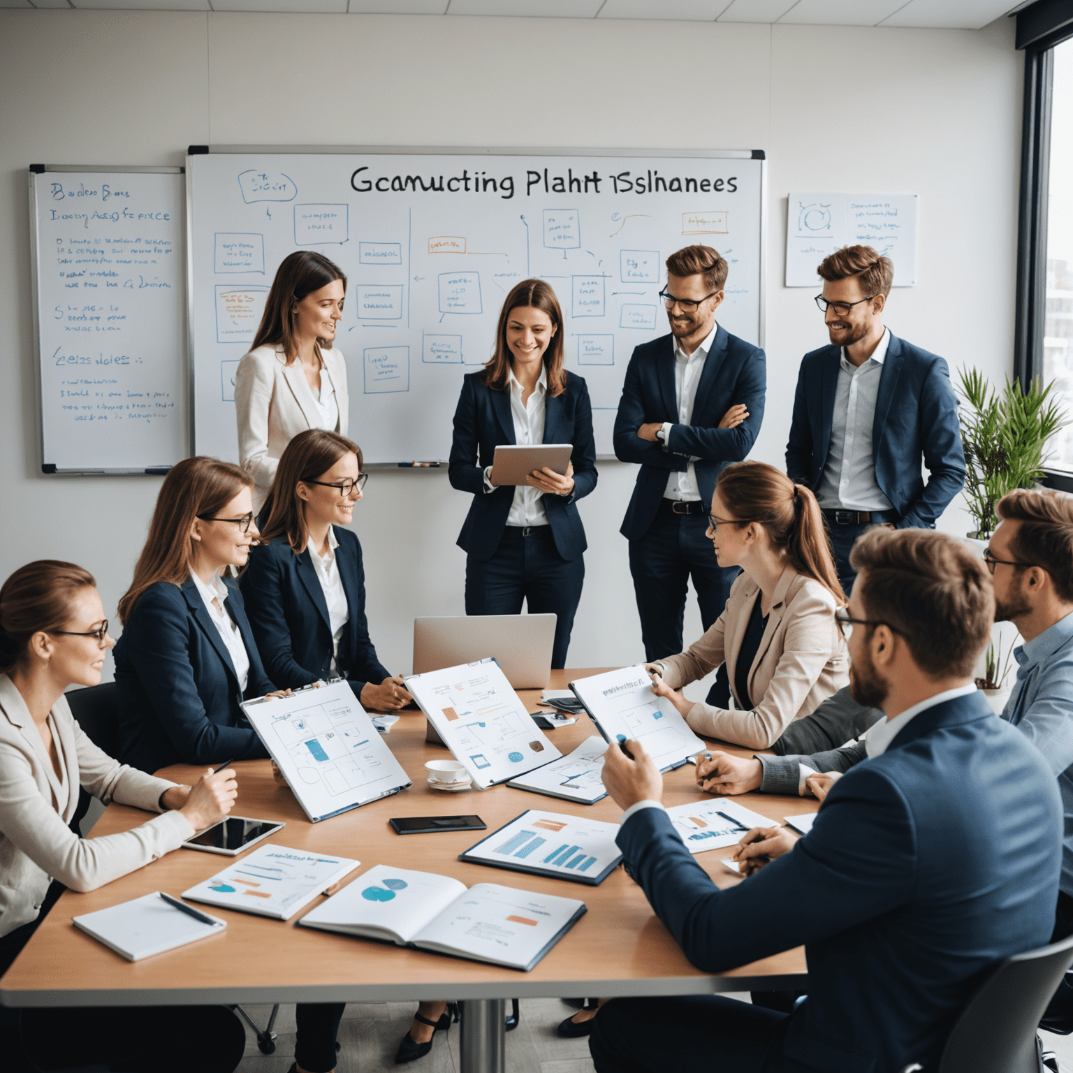 A marketing team brainstorming book promotion ideas, with a whiteboard full of marketing channels and audience segments.